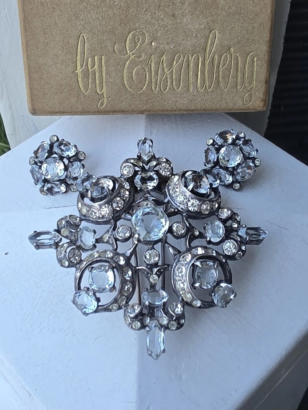 Vintage 40s Eisenberg Sterling Silver Brooch Fur Clip Earrings Set Rhinestone
